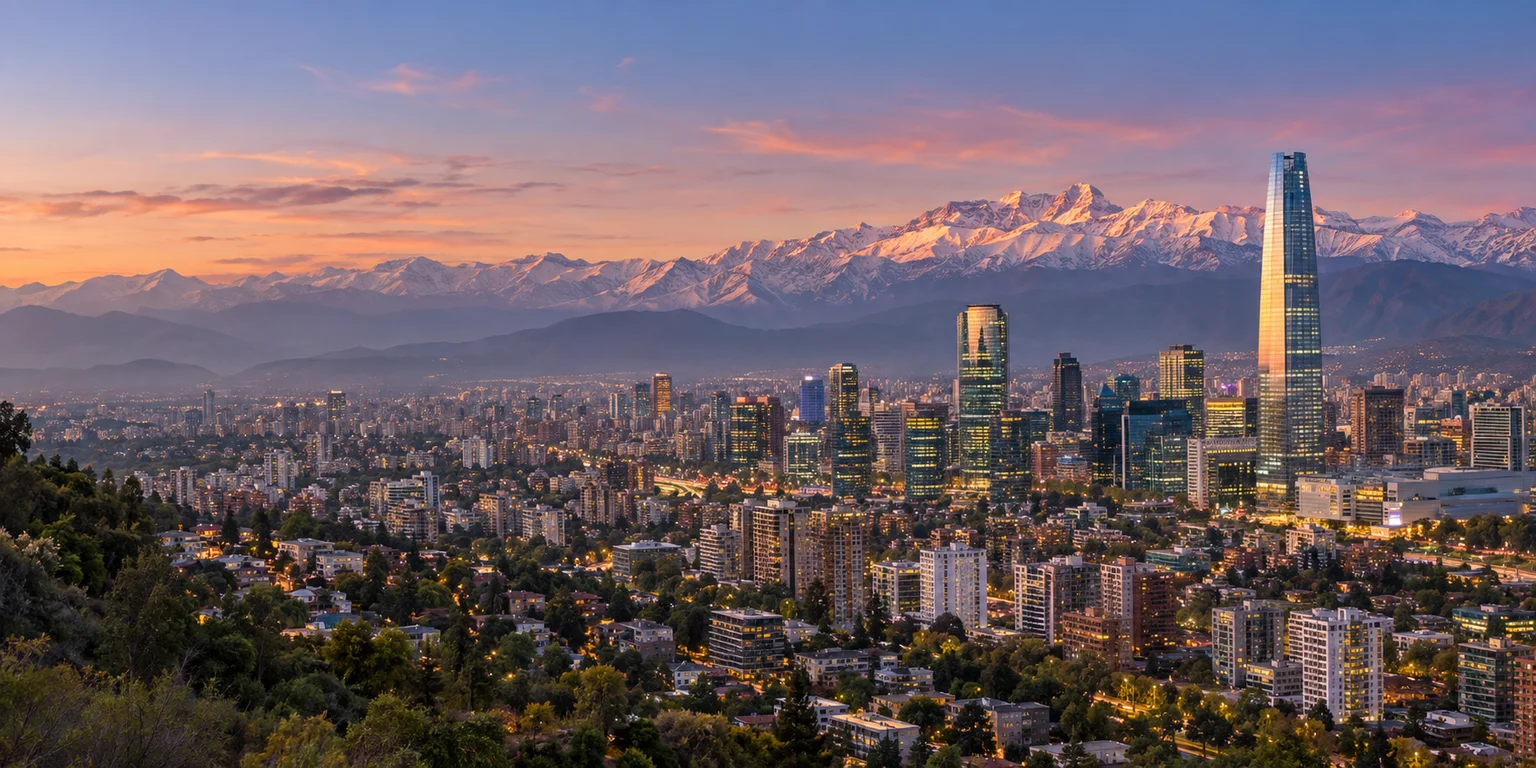 Imagen conceptual de Santiago al atardecer, con la Gran Torre Santiago y la cordillera de los Andes al fondo, generada con IA